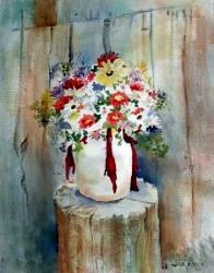 A Potted Flowers on a Stump, by Jane Brennan 